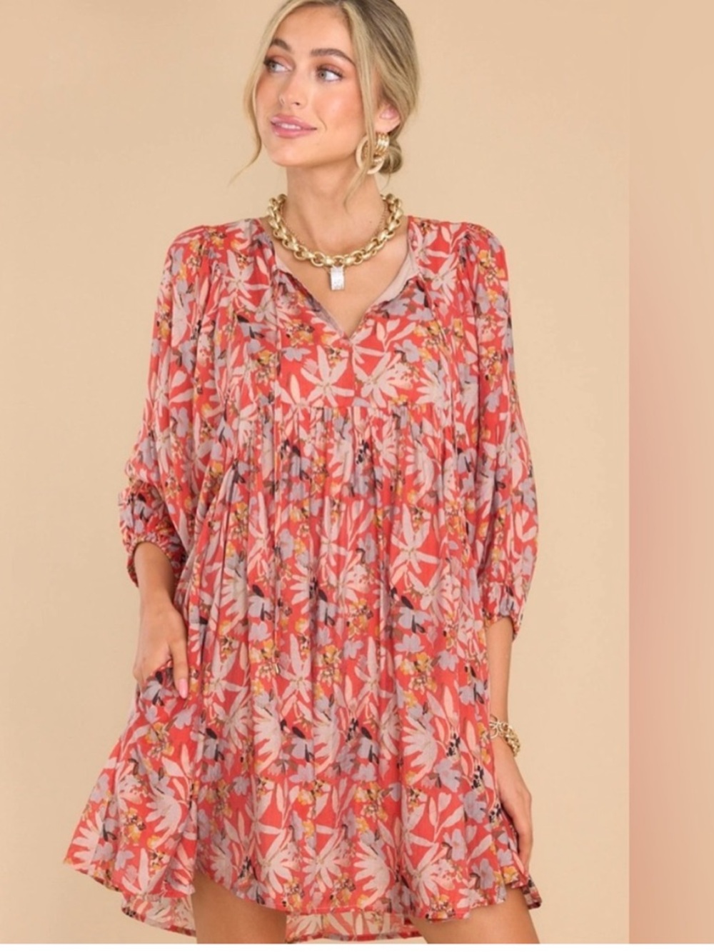 ENTRO Orange Red Floral Gauzy Cotton Balloon Sleeve Vneck Babydoll Mini Dress Sm